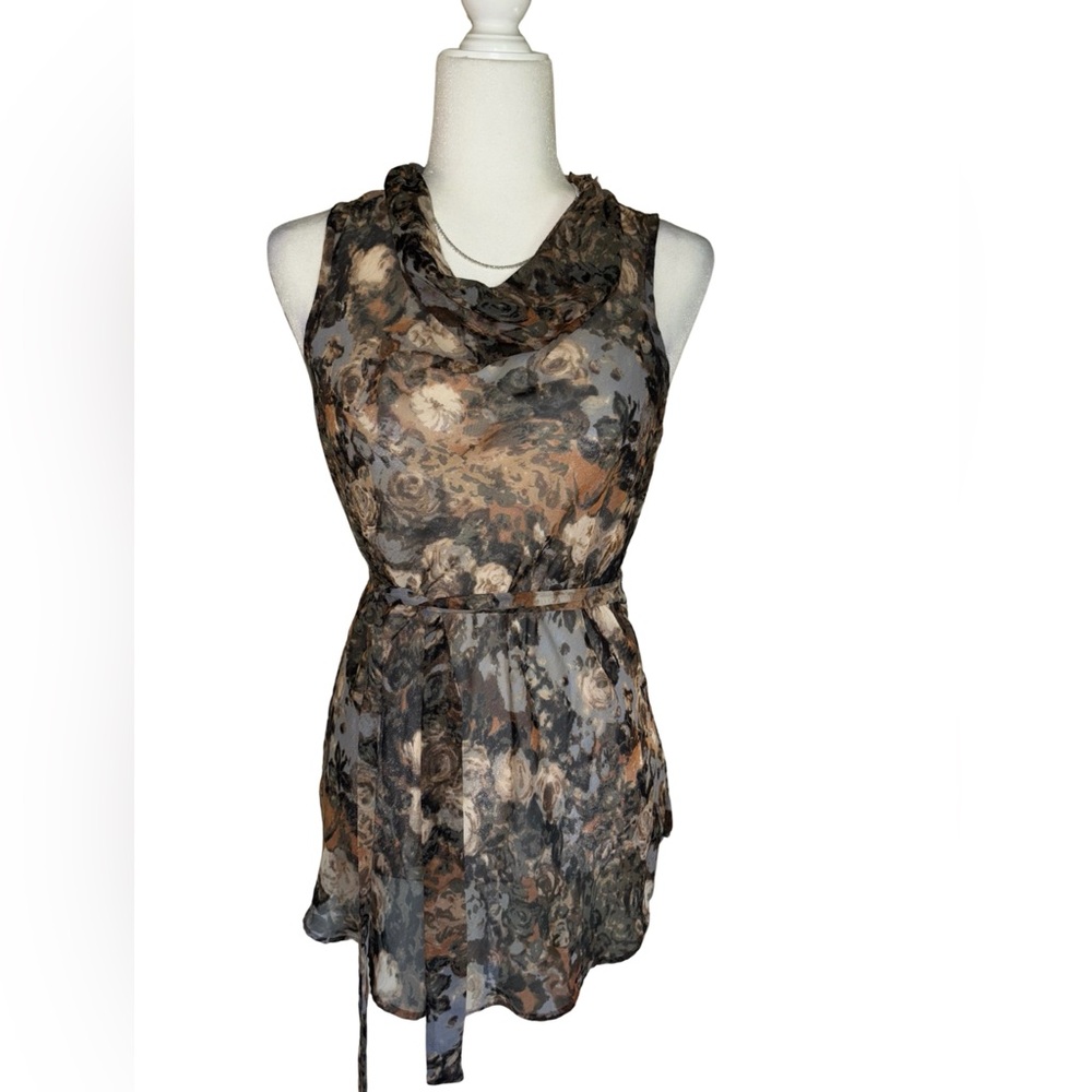 Motherhood Maternity Sheer Floral Cowl Neck Sleeveless Tie Front Blouse Size M